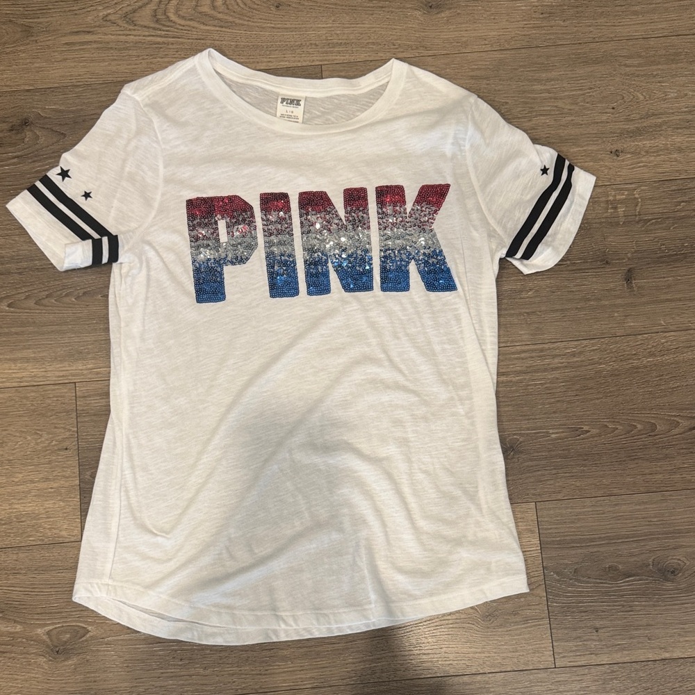 PINK Victoria's Secret White Tee with Sequin Red and Blue Letters - Picture 1 of 1